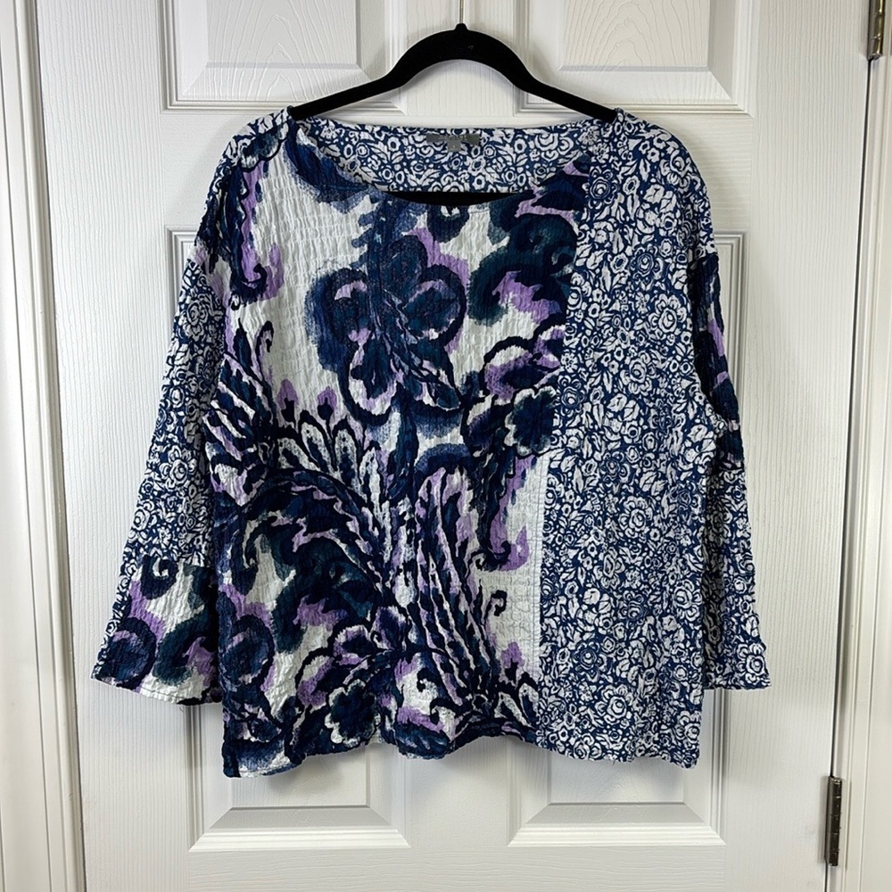 Habitat clothes to live in abstract floral crinkle fabric 3/4 sleeve top sz sm
